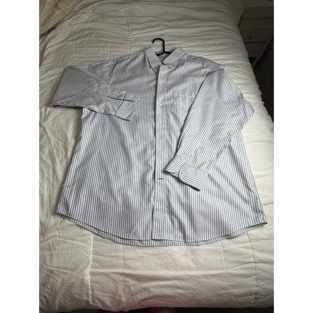 Cremieux Mens Blue White Striped Pima Cotton Non-Iron Dress Shirt Office Preppy